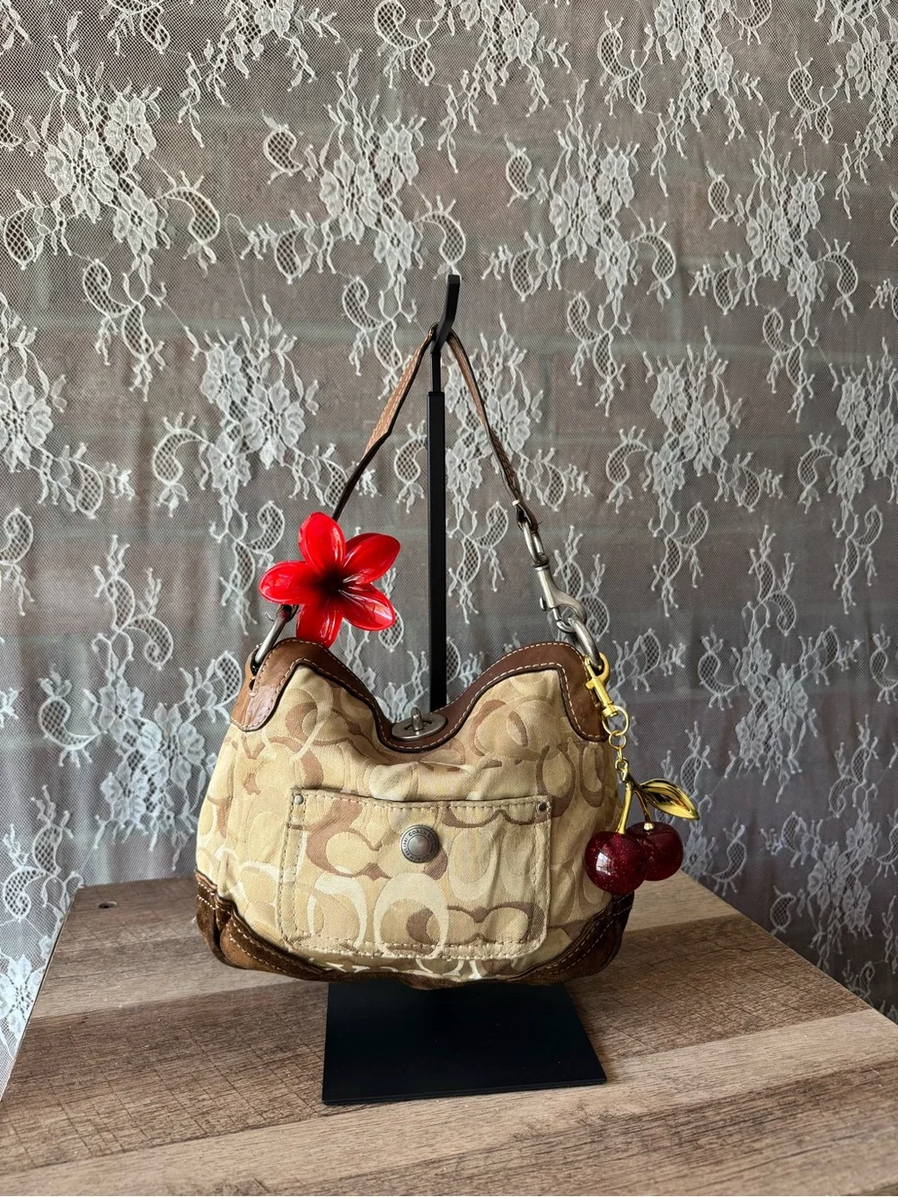 Coach Beige Signature Canvas Shoulder Bag with Brown Trim and Cherry Charm